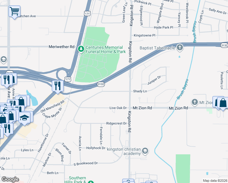 map of restaurants, bars, coffee shops, grocery stores, and more near 1847 Shady Lane in Shreveport
