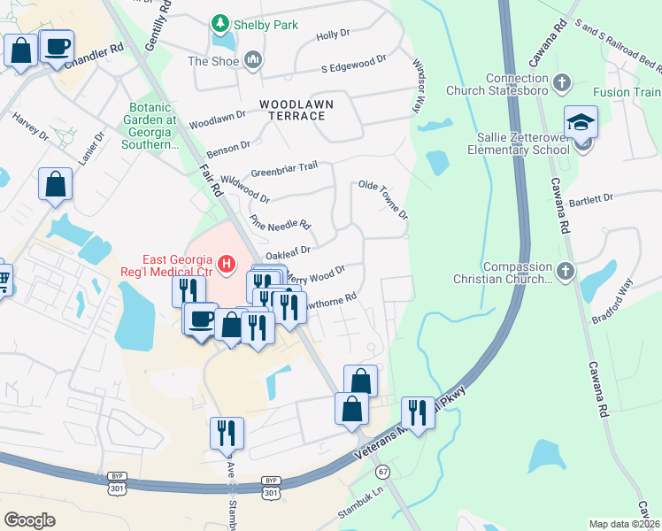 map of restaurants, bars, coffee shops, grocery stores, and more near 213 Merry Wood Drive in Statesboro