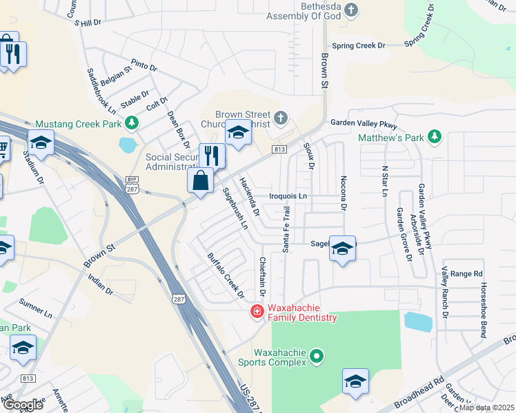 map of restaurants, bars, coffee shops, grocery stores, and more near 203 Hacienda Drive in Waxahachie