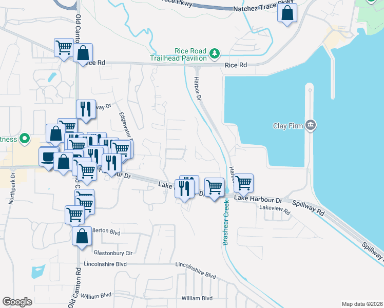map of restaurants, bars, coffee shops, grocery stores, and more near 1023 Craig Circle in Ridgeland