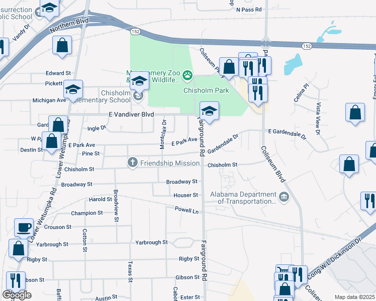 map of restaurants, bars, coffee shops, grocery stores, and more near 441 Gardendale Drive in Montgomery