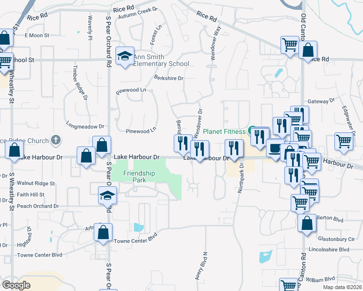 map of restaurants, bars, coffee shops, grocery stores, and more near 605 Berridge Drive in Ridgeland