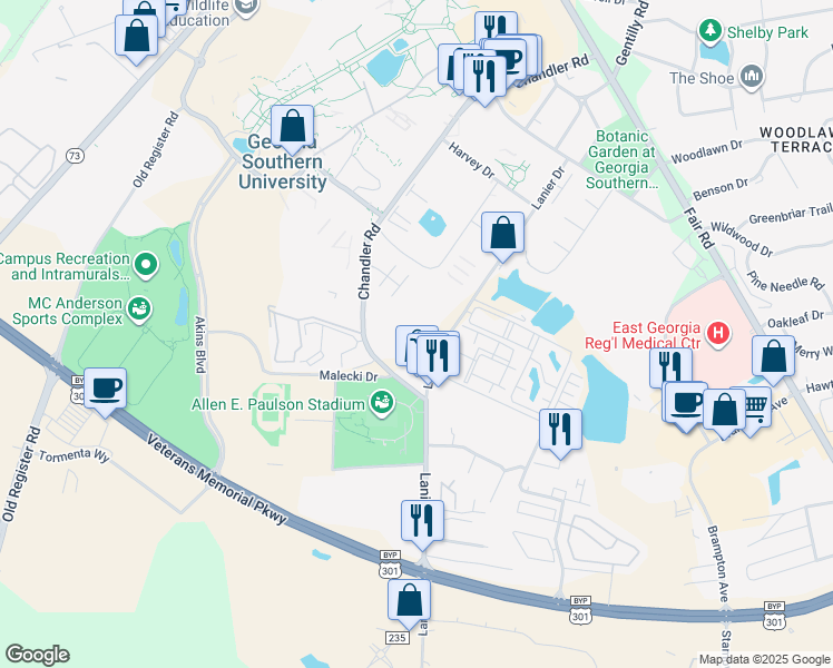 map of restaurants, bars, coffee shops, grocery stores, and more near 133 Lanier Drive in Statesboro