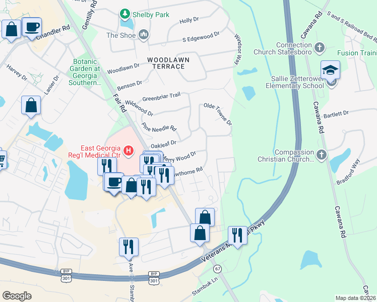 map of restaurants, bars, coffee shops, grocery stores, and more near 213 Merry Wood Drive in Statesboro