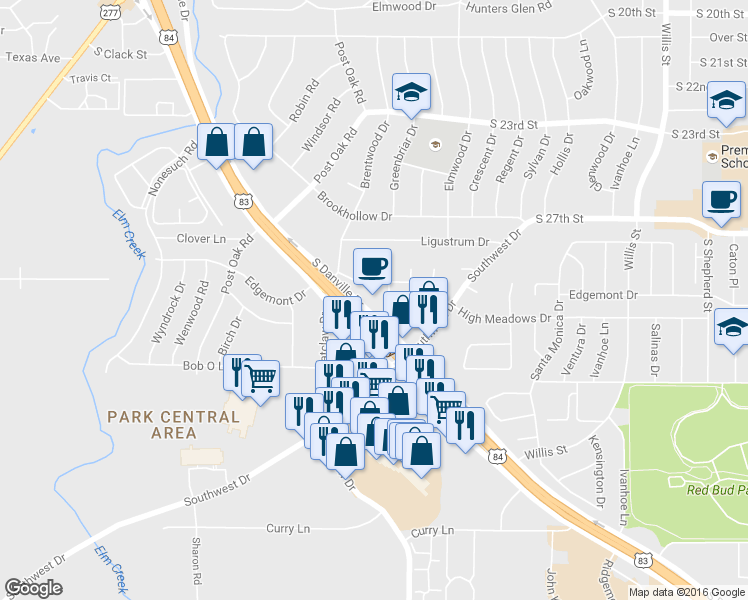 map of restaurants, bars, coffee shops, grocery stores, and more near 3001 South Danville Drive in Abilene
