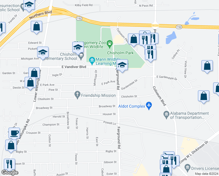 map of restaurants, bars, coffee shops, grocery stores, and more near 447 Gardendale Drive in Montgomery