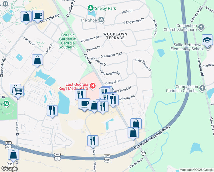 map of restaurants, bars, coffee shops, grocery stores, and more near 200 Merry Wood Drive in Statesboro