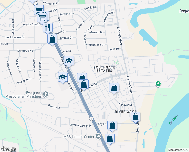 map of restaurants, bars, coffee shops, grocery stores, and more near 421 Tulip Drive in Shreveport