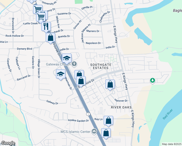 map of restaurants, bars, coffee shops, grocery stores, and more near 9720 Ash Drive in Shreveport