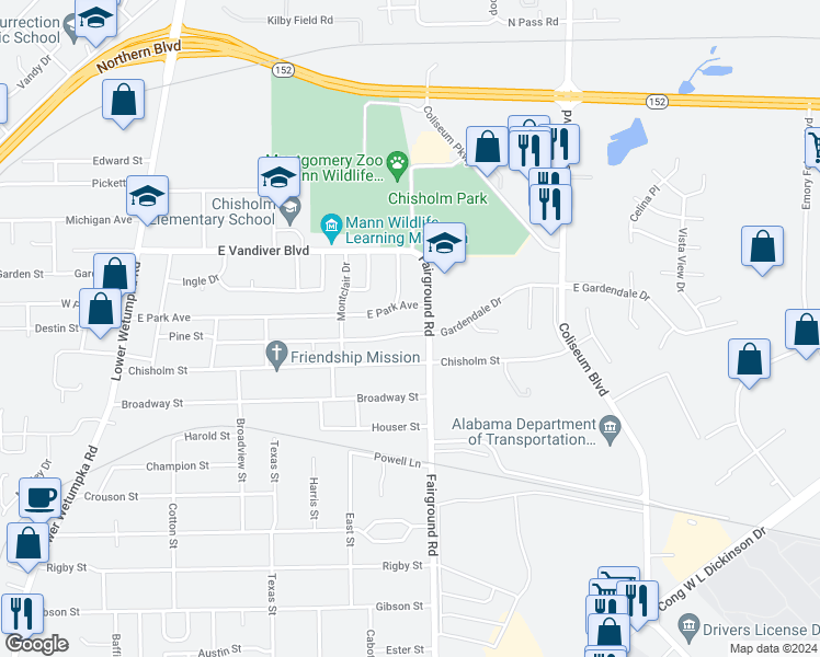 map of restaurants, bars, coffee shops, grocery stores, and more near 459 Gardendale Drive in Montgomery