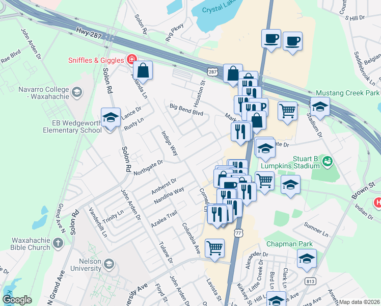 map of restaurants, bars, coffee shops, grocery stores, and more near 220 Northgate Drive in Waxahachie