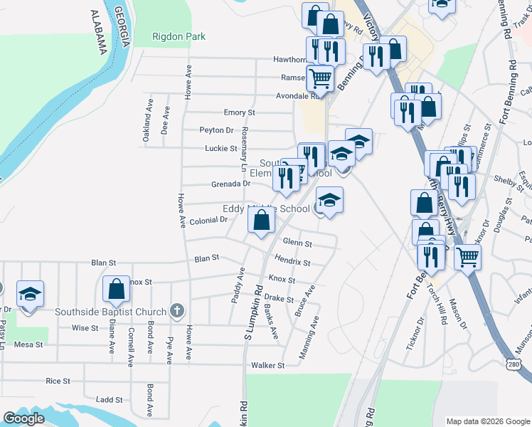 map of restaurants, bars, coffee shops, grocery stores, and more near 2102 Somerset Avenue in Columbus