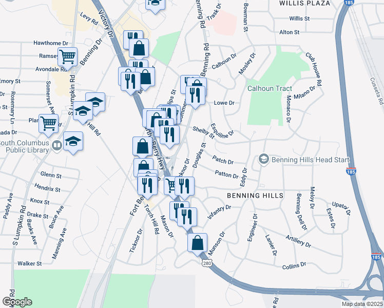 map of restaurants, bars, coffee shops, grocery stores, and more near 119 Ticknor Drive in Columbus