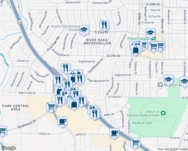 map of restaurants, bars, coffee shops, grocery stores, and more near 25 Juniper Cir in Abilene