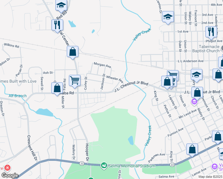 map of restaurants, bars, coffee shops, grocery stores, and more near 202 Old Cahaba Road in Selma