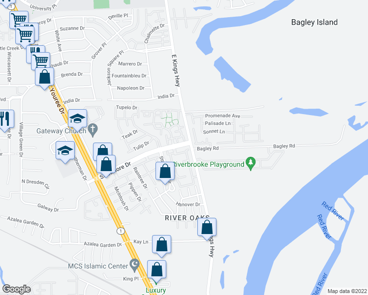 map of restaurants, bars, coffee shops, grocery stores, and more near 111 Stratmore Drive in Shreveport
