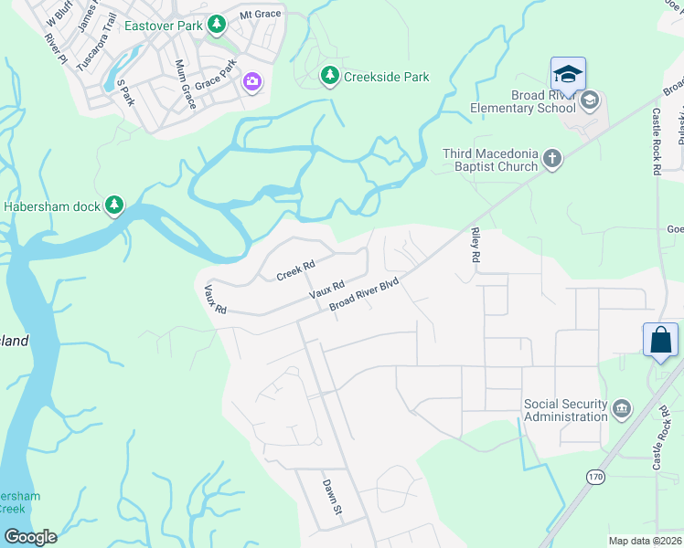 map of restaurants, bars, coffee shops, grocery stores, and more near 6019 Vaux Road in Beaufort
