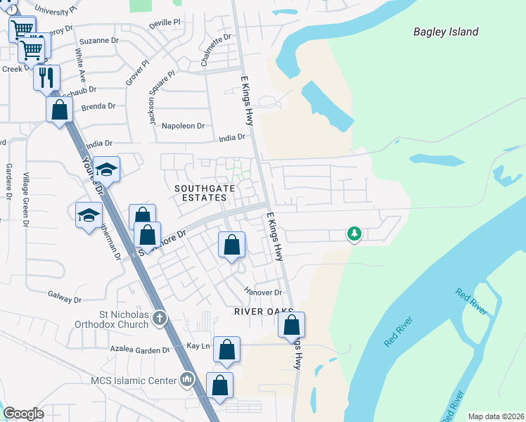 map of restaurants, bars, coffee shops, grocery stores, and more near 105 Stratmore Drive in Shreveport