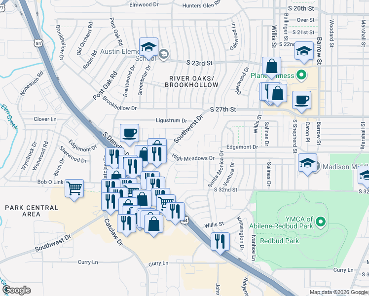 map of restaurants, bars, coffee shops, grocery stores, and more near 25 Juniper Circle in Abilene