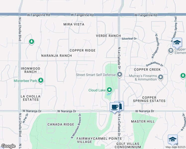 map of restaurants, bars, coffee shops, grocery stores, and more near 11498 Mountain Breeze Drive in Tucson