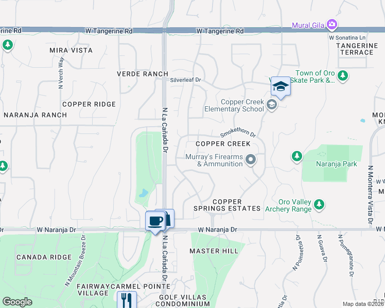 map of restaurants, bars, coffee shops, grocery stores, and more near 11481 North Quicksilver Trail in Tucson