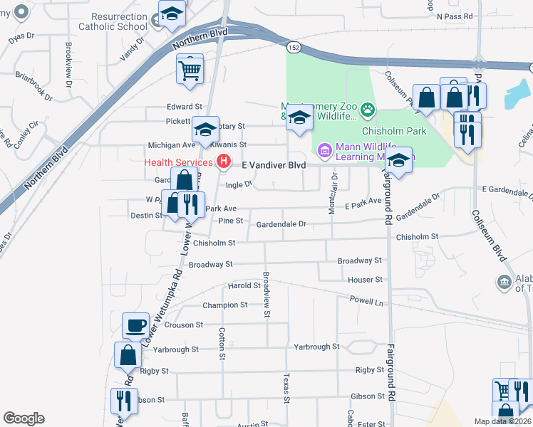 map of restaurants, bars, coffee shops, grocery stores, and more near 212 East Park Avenue in Montgomery