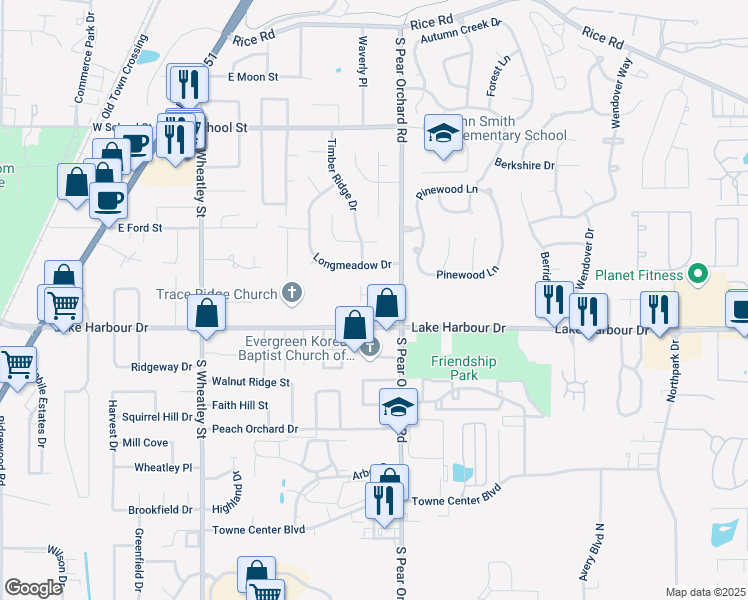 map of restaurants, bars, coffee shops, grocery stores, and more near 499 Pear Orchard Road in Ridgeland