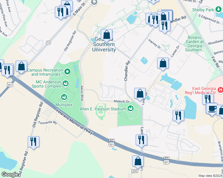 map of restaurants, bars, coffee shops, grocery stores, and more near 1822 30 Chandler Road in Statesboro