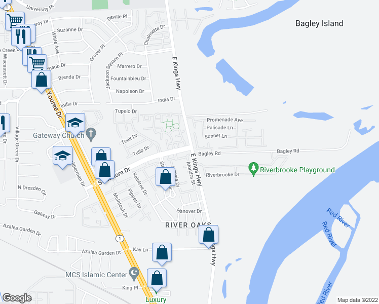 map of restaurants, bars, coffee shops, grocery stores, and more near 101 Stratmore Drive in Shreveport