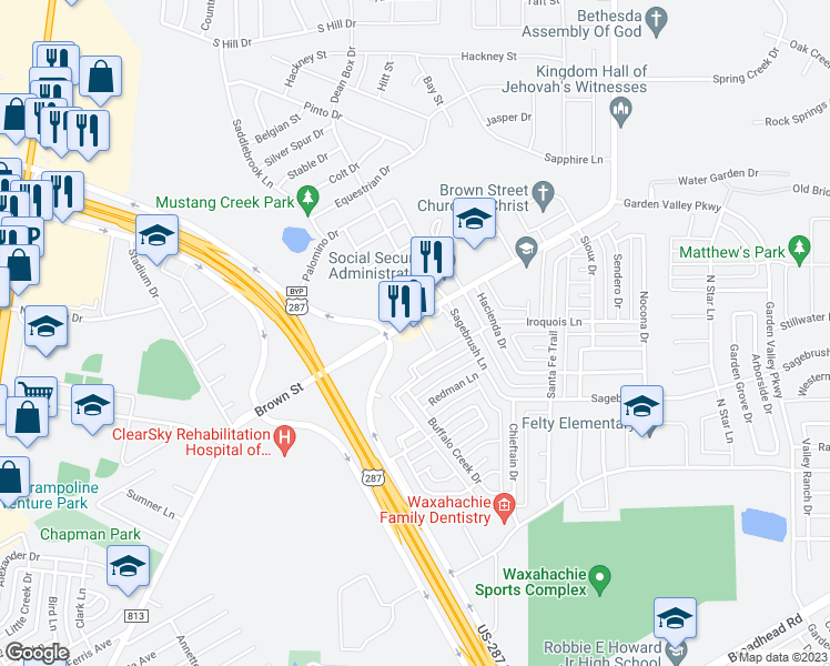 map of restaurants, bars, coffee shops, grocery stores, and more near 2100 Brown Street in Waxahachie