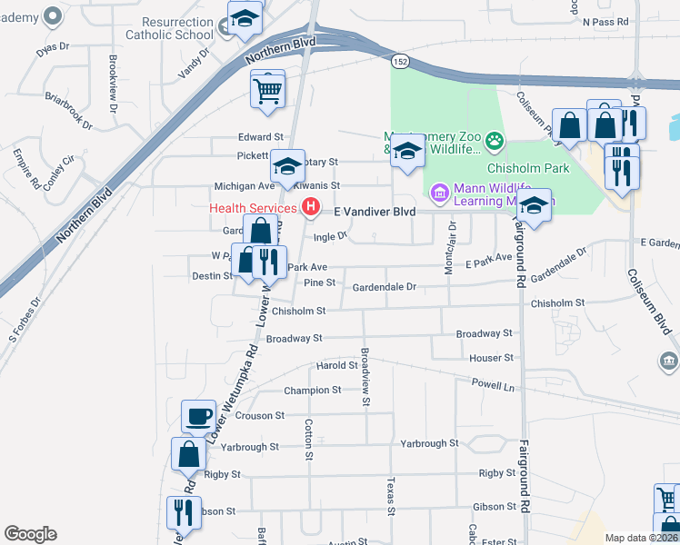 map of restaurants, bars, coffee shops, grocery stores, and more near 116 Park Lane in Montgomery
