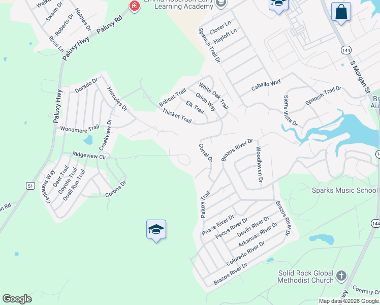 map of restaurants, bars, coffee shops, grocery stores, and more near 1140 Ridgeview Circle in Granbury