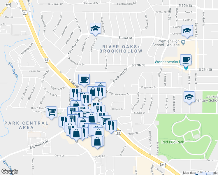 map of restaurants, bars, coffee shops, grocery stores, and more near 2900 Southwest Drive in Abilene