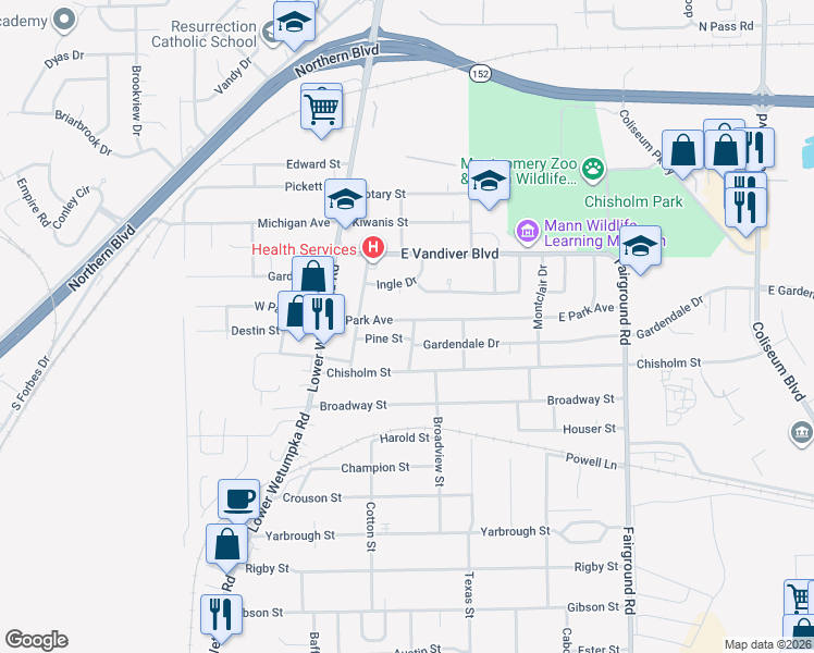 map of restaurants, bars, coffee shops, grocery stores, and more near 128 East Park Avenue in Montgomery
