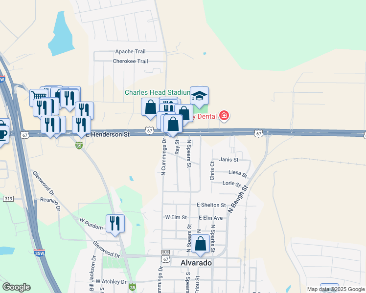 map of restaurants, bars, coffee shops, grocery stores, and more near 811 North Spears Street in Alvarado