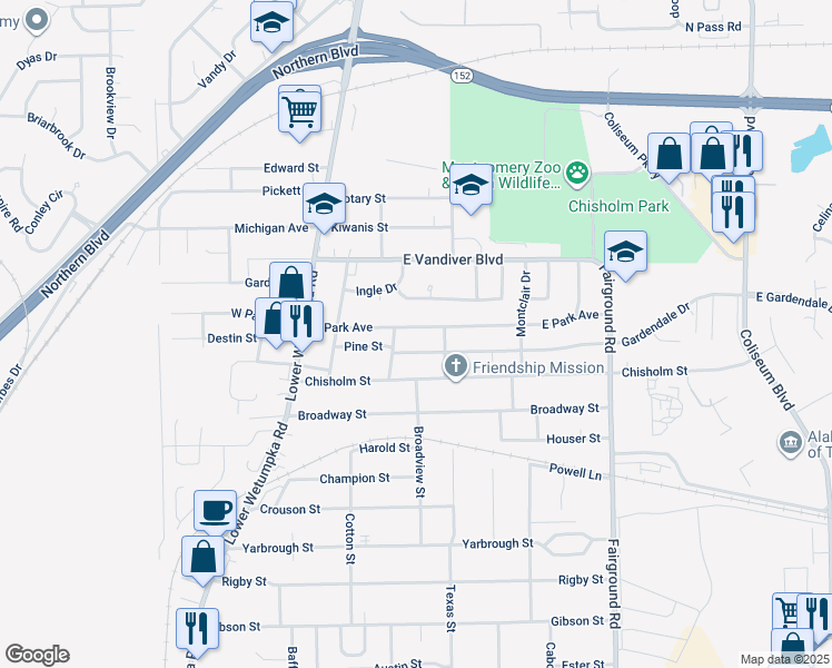 map of restaurants, bars, coffee shops, grocery stores, and more near 212 East Park Avenue in Montgomery