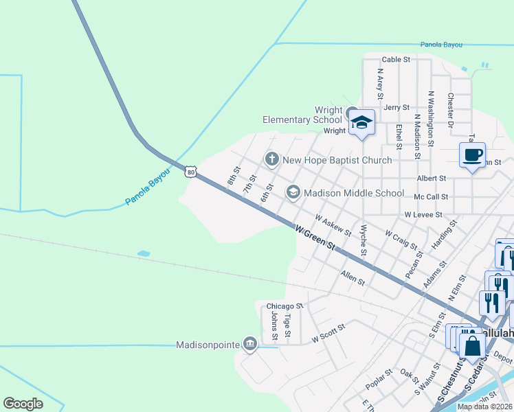map of restaurants, bars, coffee shops, grocery stores, and more near 205 6th Street in Tallulah