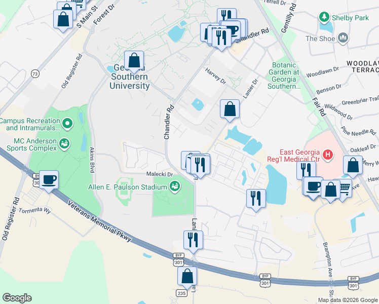 map of restaurants, bars, coffee shops, grocery stores, and more near 133 Lanier Drive in Statesboro
