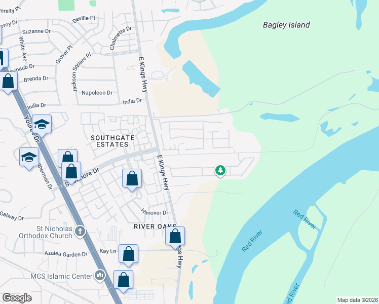 map of restaurants, bars, coffee shops, grocery stores, and more near 115 Presido Lane in Shreveport