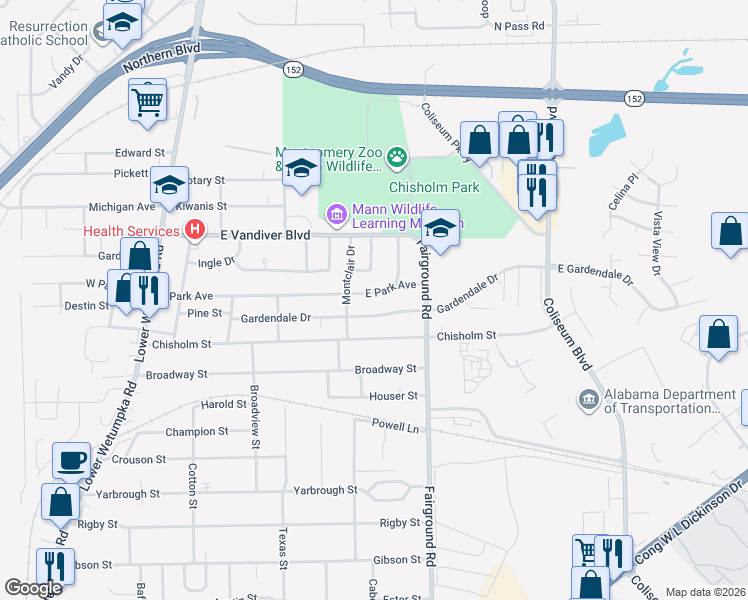 map of restaurants, bars, coffee shops, grocery stores, and more near 439 Gardendale Drive in Montgomery