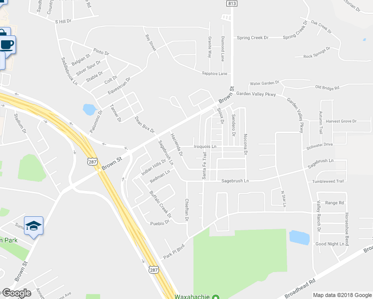 map of restaurants, bars, coffee shops, grocery stores, and more near 202 Iroquois Lane in Waxahachie