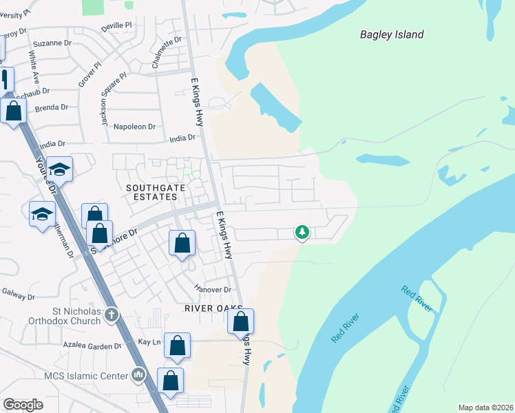 map of restaurants, bars, coffee shops, grocery stores, and more near 115 Presido Lane in Shreveport