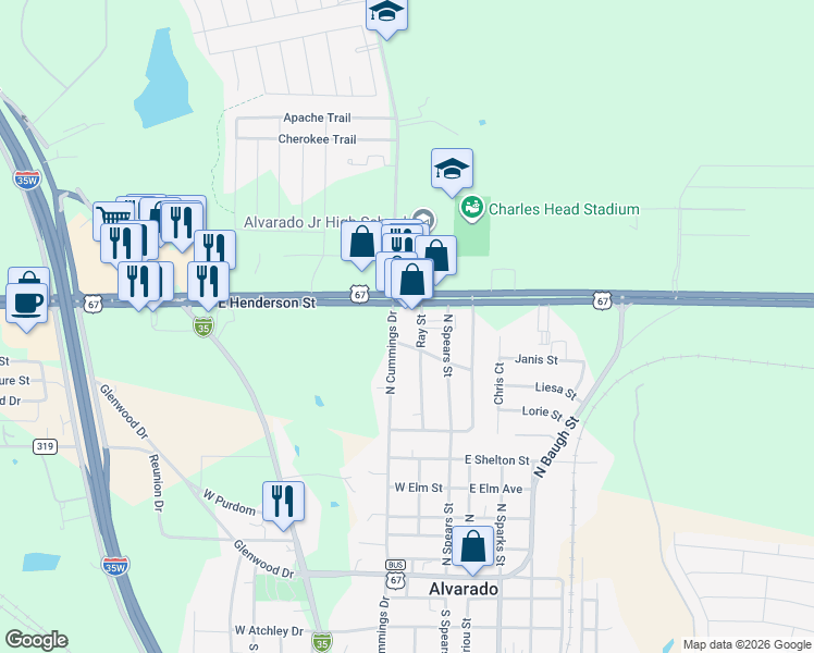 map of restaurants, bars, coffee shops, grocery stores, and more near 803 North Ray Street in Alvarado