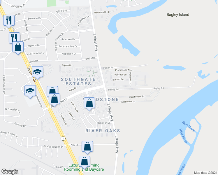 map of restaurants, bars, coffee shops, grocery stores, and more near 111 Harts Landing Lane in Shreveport