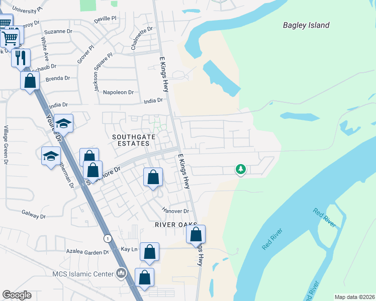 map of restaurants, bars, coffee shops, grocery stores, and more near 125 Bagley Road in Shreveport