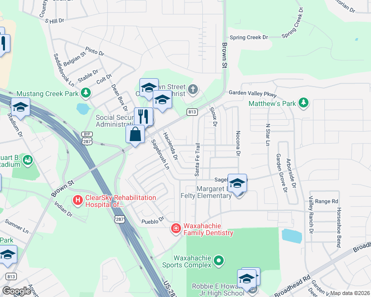 map of restaurants, bars, coffee shops, grocery stores, and more near 102 Santa Fe Circle in Waxahachie
