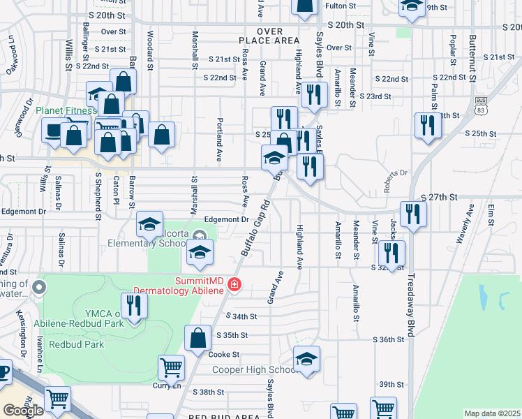 map of restaurants, bars, coffee shops, grocery stores, and more near 2822 Buffalo Gap Road in Abilene