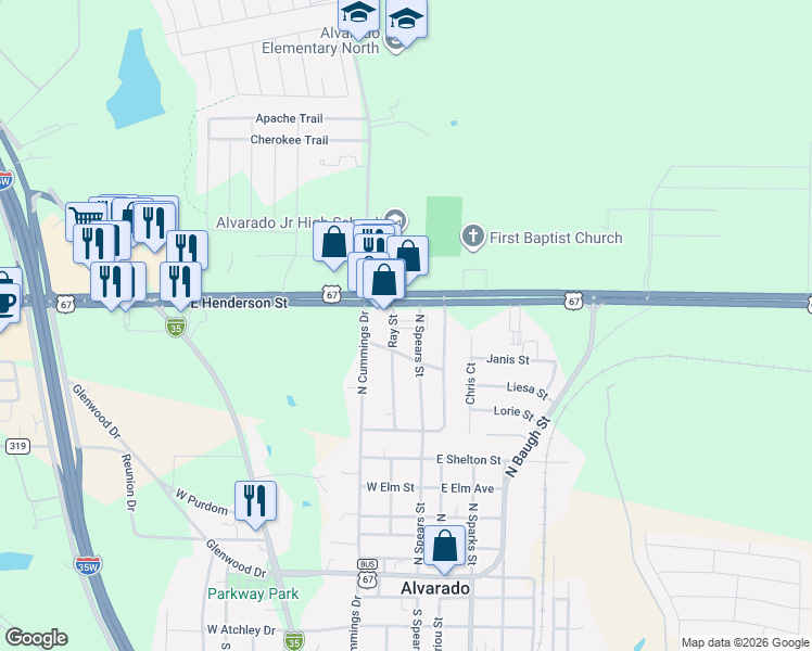 map of restaurants, bars, coffee shops, grocery stores, and more near 803 North Ray Street in Alvarado
