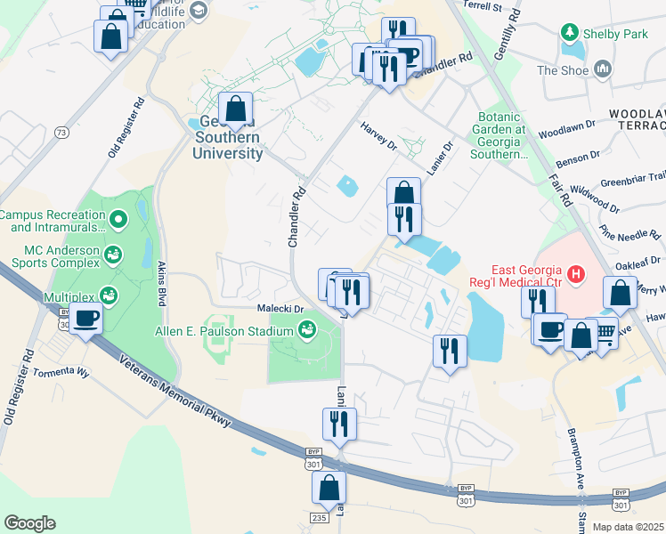 map of restaurants, bars, coffee shops, grocery stores, and more near 133 Lanier Drive in Statesboro
