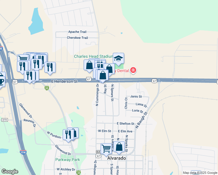 map of restaurants, bars, coffee shops, grocery stores, and more near 803 North Ray Street in Alvarado